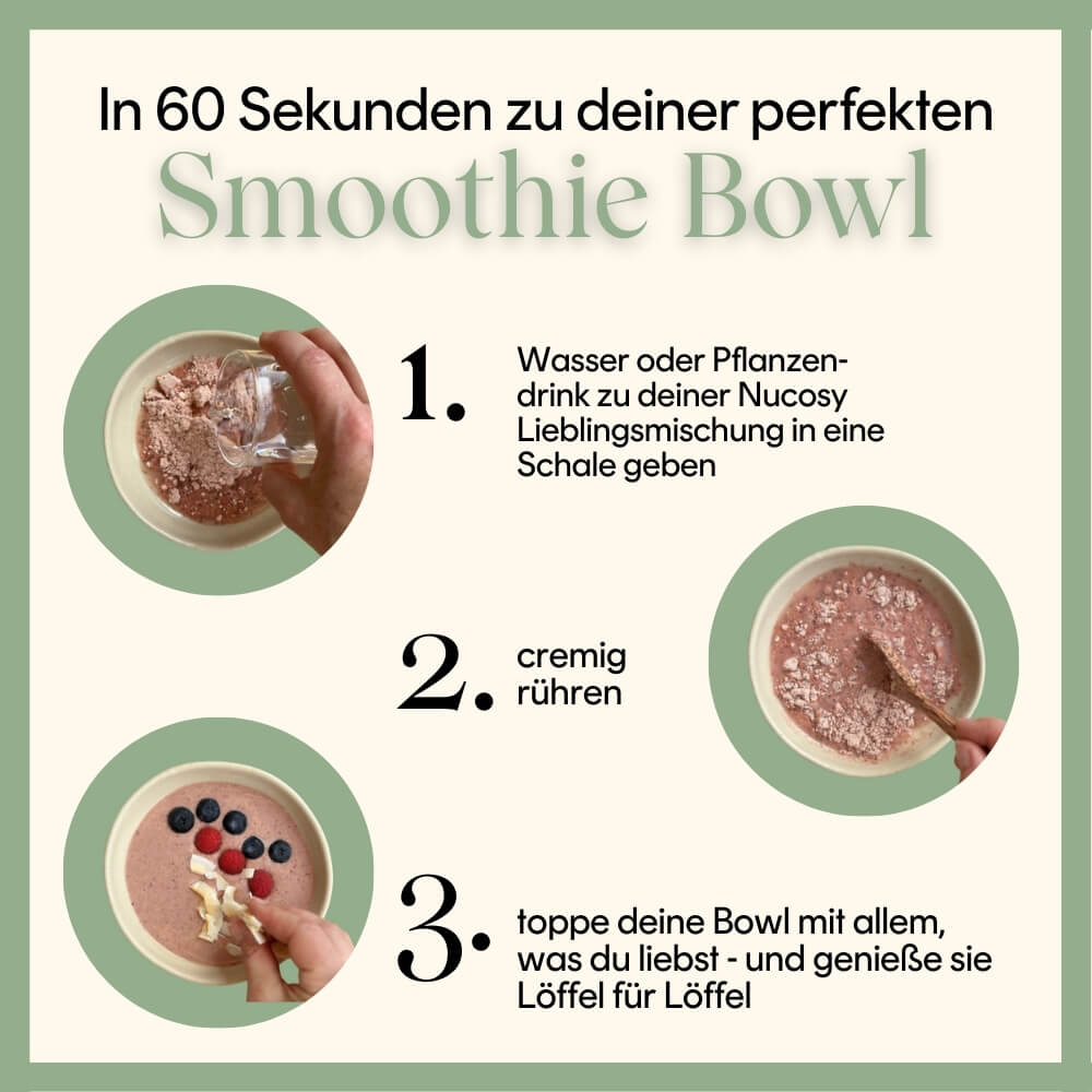 Zubereitung einer Nucosy Smoothie Bowl in 3 einfachen Schritten: Pulver mit Wasser cremig rühren, mit Toppings garnieren und genießen.