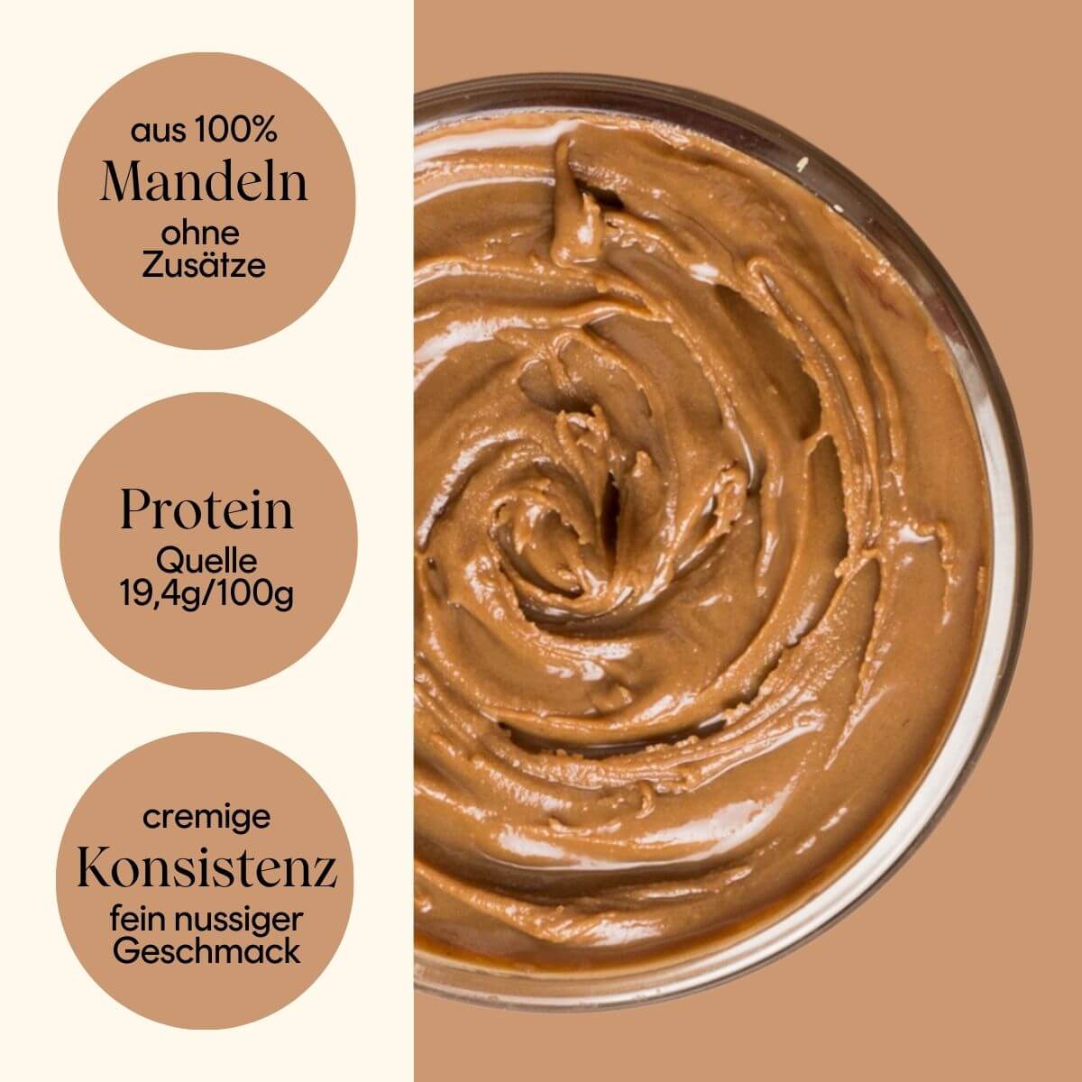 Mandel Nussmus – cremige Konsistenz und fein-nussiger Geschmack, ohne Zusätze.
